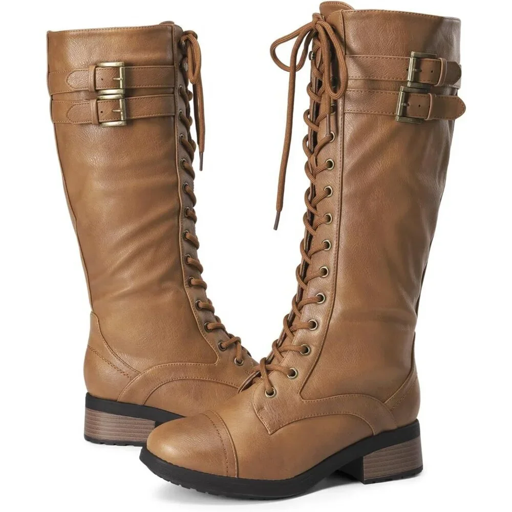 Women's Polyurethane Pu Georgia Camel Double buckle Knee High Riding Combat Boot